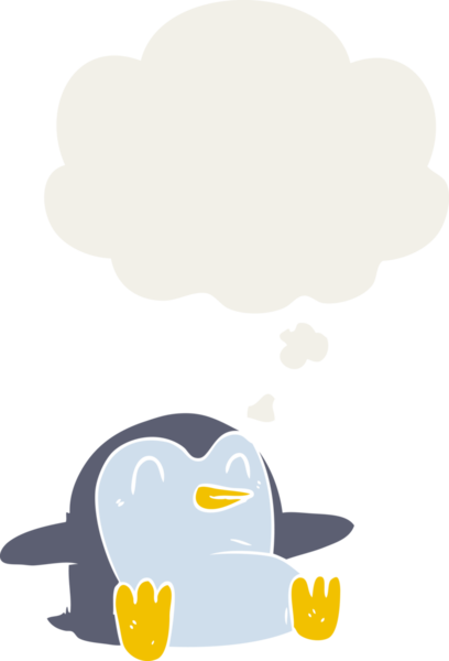Düşünce baloncuğu olan bir penguen insan tarafından çizilmiş.