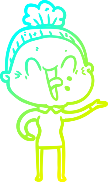 Bir insan tarafından çizilmiş, mutlu, yaşlı bir kadının çizimi.