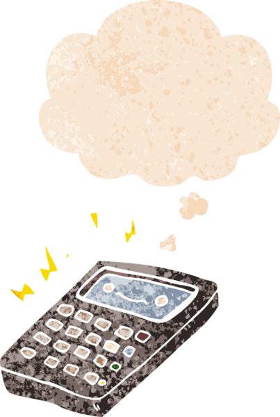 bir insan tarafından çizilmiş grunge sıkıntılı retro biçimli düşünce baloncuklu çizgi film hesap makinesi