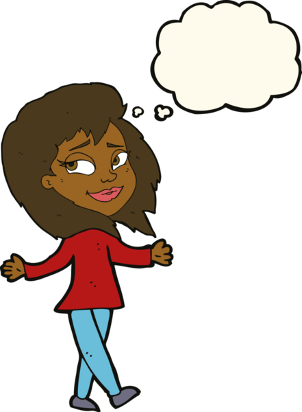 Stressiz kadın çizgi filmi. Düşünce balonu insan tarafından çizilmiş.