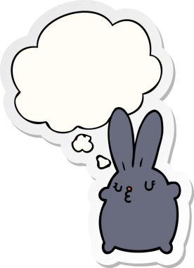 Bir insan tarafından çizilmiş bir çıkartma gibi düşünce balonlu şirin çizgi film tavşanı.