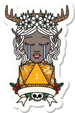 Hüzünlü bir Elf Druid karakterinin çıkartması. İnsan tarafından çizilmiş doğal bir D20 rulo.