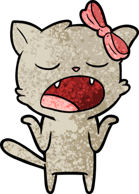 Bir insan tarafından çizilmiş, esneyen kedi omuzlarını silkeleyen çizgi film.