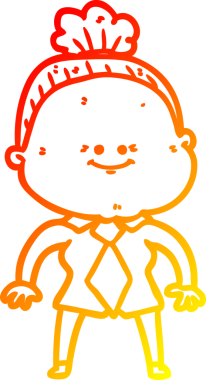 Bir insan tarafından çizilmiş mutlu, yaşlı bir kadının sıcak çizgi çizimi.