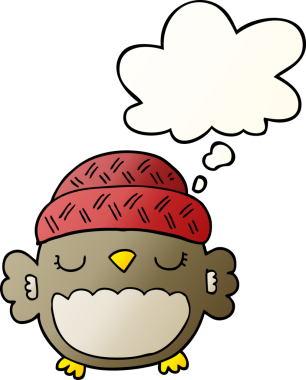 Bir insan tarafından çizilmiş yumuşak eğimli düşünce baloncuklu şapkalı sevimli çizgi film baykuşu.