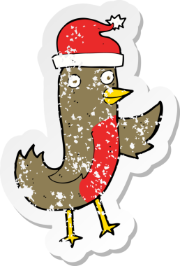 Bir insan tarafından çizilmiş bir şapkayla çizilmiş bir çizgi robin 'in gerilimli retro yapıştırması.