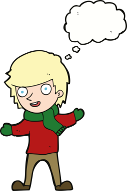 Bir insan tarafından çizilmiş düşünce baloncuğu olan kış kıyafetleri içindeki çizgi film çocuğu.