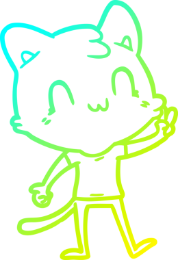 Bir çizgi filmin soğuk gradyan çizimi bir insan tarafından çizilmiş barış işareti veren mutlu bir kedi.