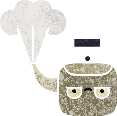 Bir insan tarafından çizilen dumanı tüten bir çaydanlığın retro çizim tarzı karikatürü