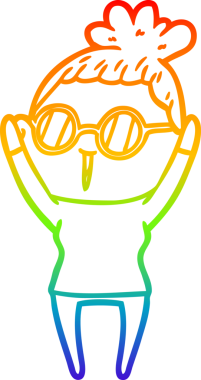 Bir insan tarafından çizilmiş gözlük takan bir karikatür kadının çizimi.