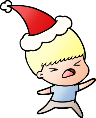 Bir insan tarafından çizilmiş Noel Baba şapkası giymiş stresli bir adamın el çizimi karikatürü.