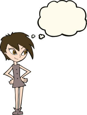 Bir insan tarafından çizilmiş düşünce baloncuğu olan elleri kalçasında çizgi film kızı.