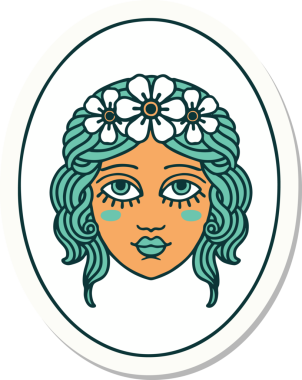 Bir insan tarafından çizilmiş saçlarında çiçekler olan geleneksel bir bakire dövmesi.