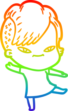 Gökkuşağı gradyan çizimi. Hipster saç kesimi bir insan tarafından çizilmiş şirin bir çizgi film kızı.