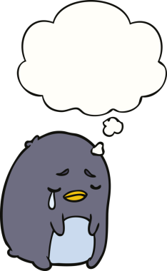 Bir insan tarafından çizilmiş düşünce baloncuğu ile ağlayan penguen çizgi filmi