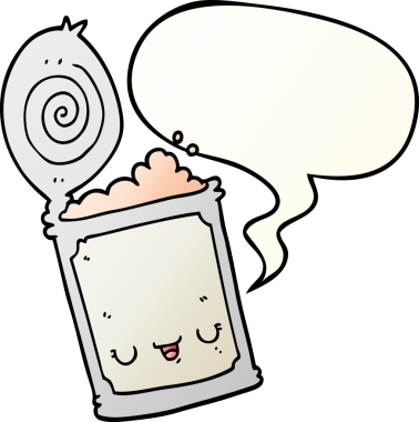 Bir insan tarafından çizilmiş, konuşma baloncuklu konserve yiyecekler.