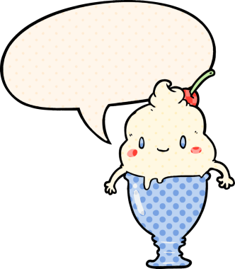 Bir insan tarafından çizilmiş çizgi roman tarzında konuşma baloncuklu tatlı çizgi film dondurması.