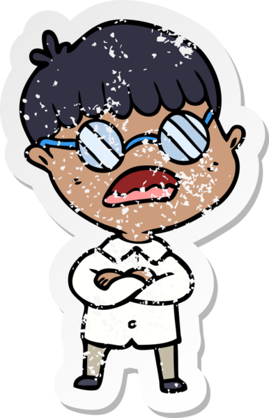 Bir insan tarafından çizilmiş gözlük takan çapraz kollu bir çizgi film çocuğunun sıkıntılı çıkartması.