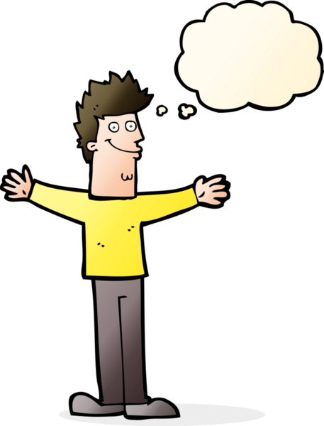 Bir insan tarafından çizilmiş düşünce balonlu mutlu adam çizgi filmi.