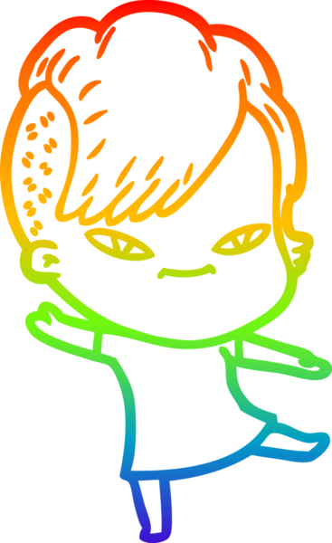 Gökkuşağı gradyan çizimi. Hipster saç kesimi bir insan tarafından çizilmiş şirin bir çizgi film kızı.