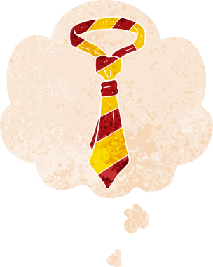 Düşünce baloncuğu ve grunge ile çizgi film ofis kravatı bir insan tarafından çizilmiş sıkıntılı retro dokuma tarzı