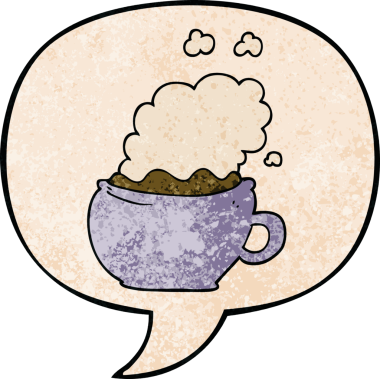 Bir insan tarafından çizilmiş, eski moda konuşma baloncuklu sıcak kahve.