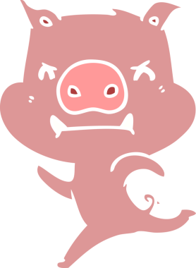 Bir insan tarafından çizilen kızgın düz renkli çizgi film domuzu.