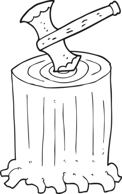 Bir insan tarafından çizilmiş siyah beyaz çizgi film ağaç kütüğü ve balta.