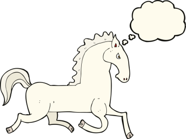 Bir insan tarafından çizilmiş düşünce balonlu beyaz aygır.