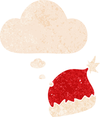 Düşünce baloncuklu çizgi film Noel Baba şapkası grunge sıkıntılı retro desenli bir insan tarafından çizilmiş