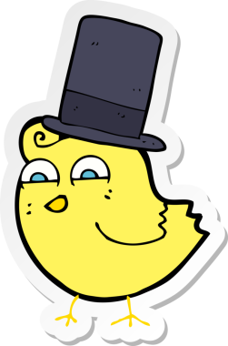 Bir insan tarafından çizilmiş silindir şapkalı çizgi film kuşunun çıkartması.