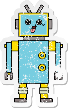 Bir insan tarafından çizilmiş sevimli bir robot çizgi film çıkartması.