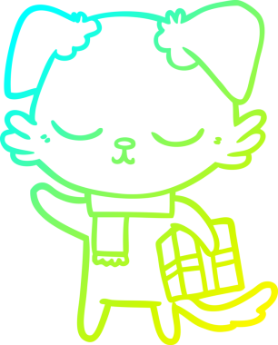 Bir insan tarafından çizilmiş noel hediyeli şirin bir köpeğin soğuk gradyan çizimi.