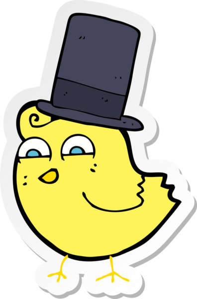 Bir insan tarafından çizilmiş silindir şapkalı çizgi film kuşunun çıkartması.