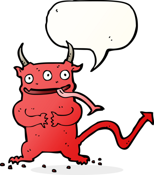 Bir insan tarafından çizilmiş konuşma balonu olan küçük bir iblis.