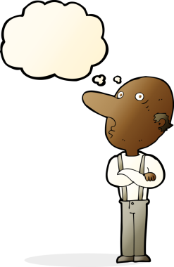 Bir insan tarafından çizilmiş düşünce balonuyla kollarını kavuşturmuş yaşlı bir adam.