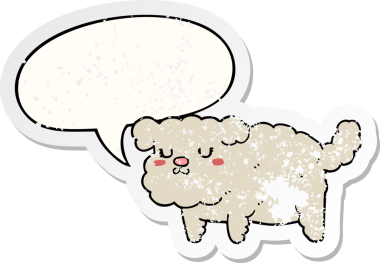 Konuşma baloncuğu olan çizgi film köpeği bir insan tarafından çizilmiş sıkıntılı eski bir çıkartma