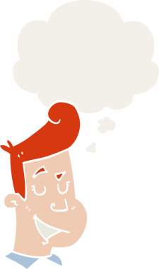 Bir insan tarafından çizilmiş düşünce baloncuğu olan mutlu bir çizgi film karakteri.