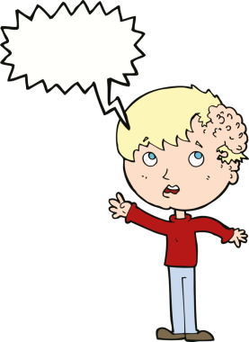 Bir insan tarafından çizilmiş konuşma baloncuğuyla kafasında büyüyen çizgi film çocuğu.