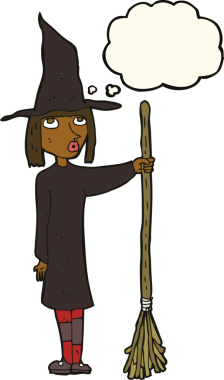 Bir insan tarafından çizilmiş düşünce baloncuklu çizgi film cadısı.