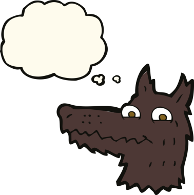 Bir insan tarafından çizilmiş düşünce balonlu bir kurt kafası.