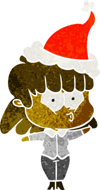 Bir insan tarafından çizilmiş Noel Baba şapkası giyen ıslık çalan bir kızın el çizimi karikatürü.