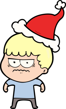 Bir insan tarafından çizilmiş Noel Baba şapkası giymiş rahatsız bir adamın el çizimi.