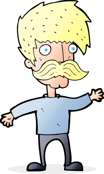 Bir insan tarafından çizilmiş bıyıklı bir çizgi film adamı.