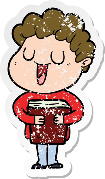 Bir insan tarafından çizilmiş kitabı olan, gülen bir karikatürcünün sıkıntılı çıkartması.