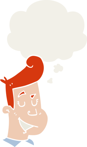 Bir insan tarafından çizilmiş düşünce baloncuğu olan mutlu bir çizgi film karakteri.