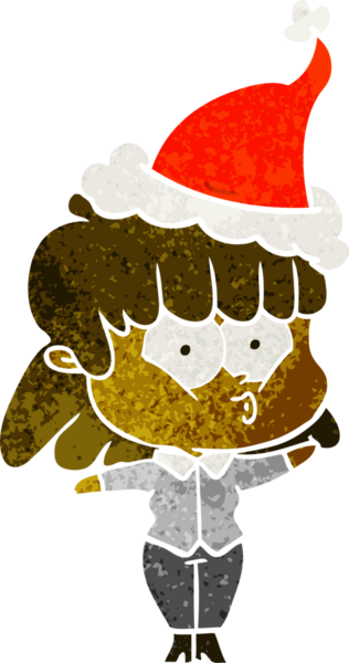 Bir insan tarafından çizilmiş Noel Baba şapkası giyen ıslık çalan bir kızın el çizimi karikatürü.