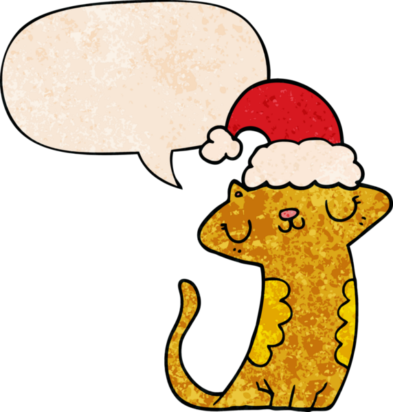 Bir insan tarafından çizilmiş eski moda konuşma baloncuklu Noel şapkası takan sevimli çizgi film kedisi.