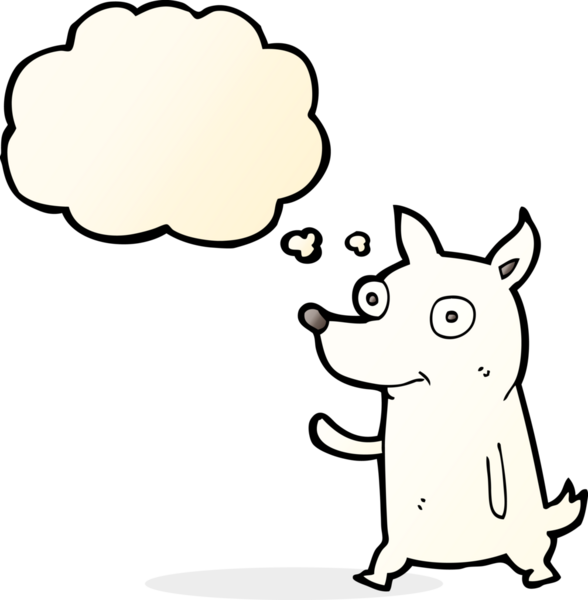 Bir insan tarafından çizilmiş düşünce balonuyla el sallayan küçük bir köpek.