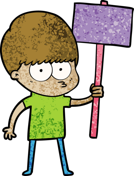 Bir insan tarafından çizilmiş pankart tutan sinirli çizgi film çocuğu.